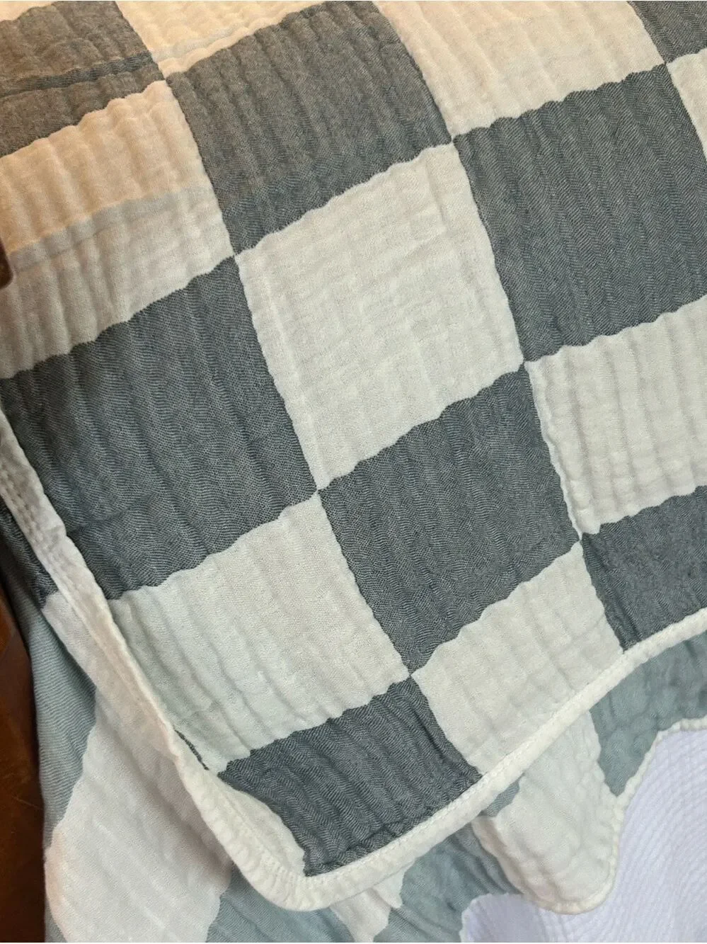 Dark Teal Gray Check Throw Blanket Cotton Bamboo Blend Patchwork Quilt Style NEW